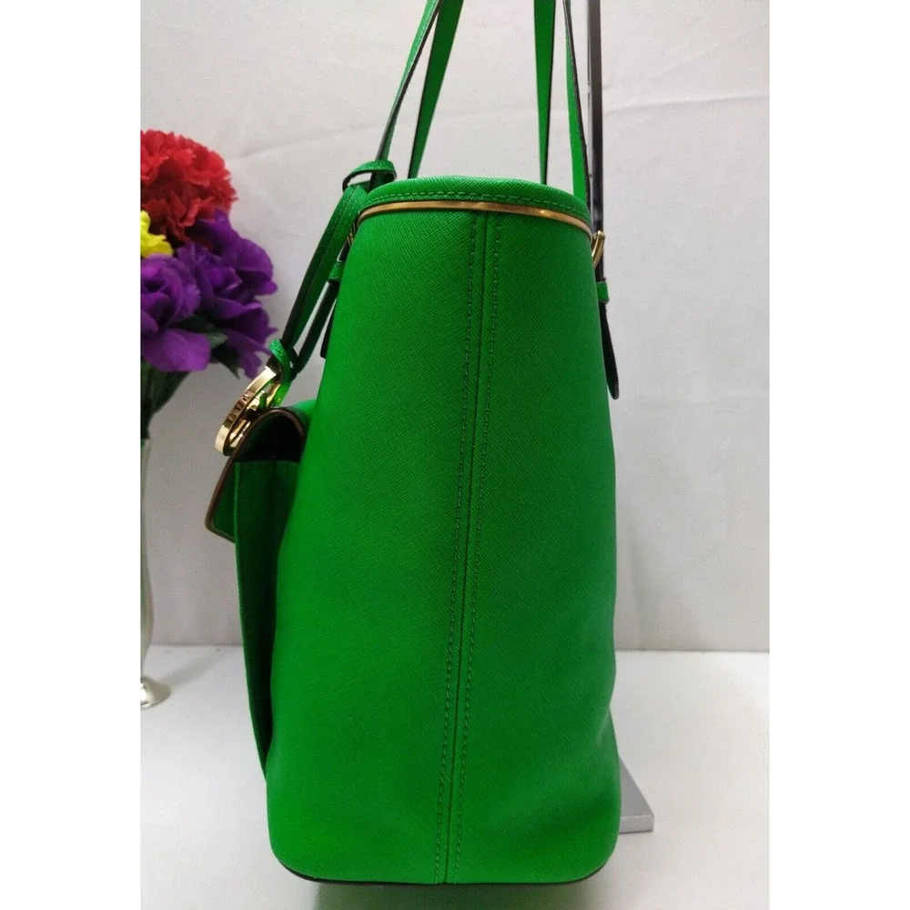 Michael Kors Jet Set Green Leather Pocket Double Handles Tote Bag
